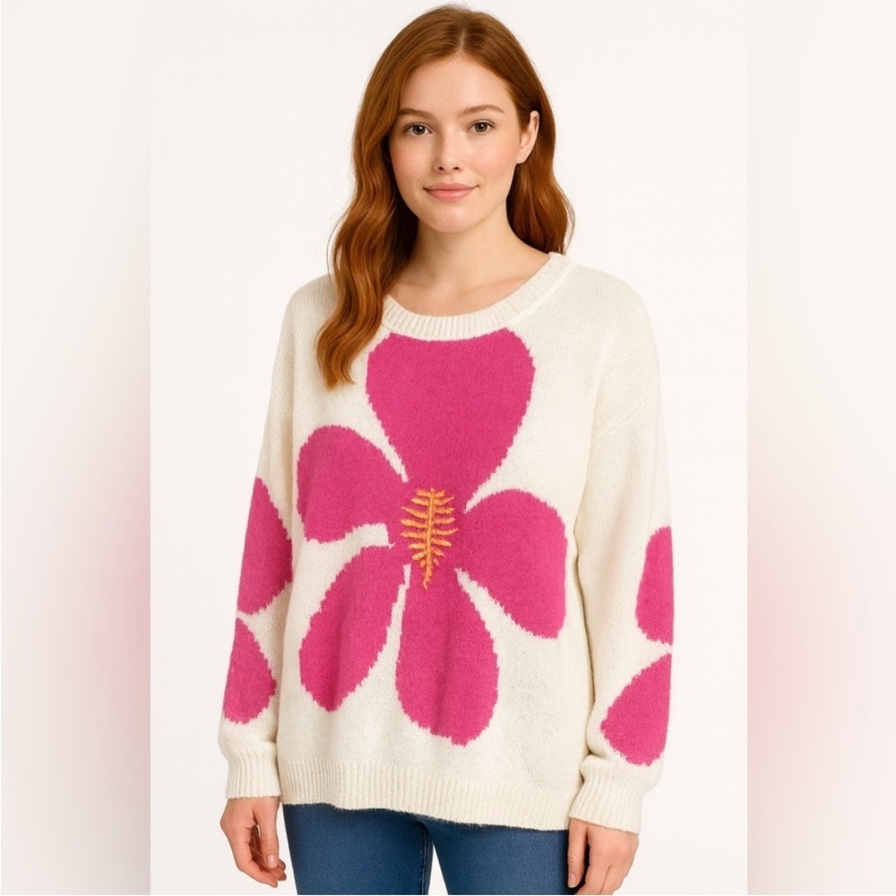 POL Cream Beachy Oversized Sweater Large Pink Floral Size Large